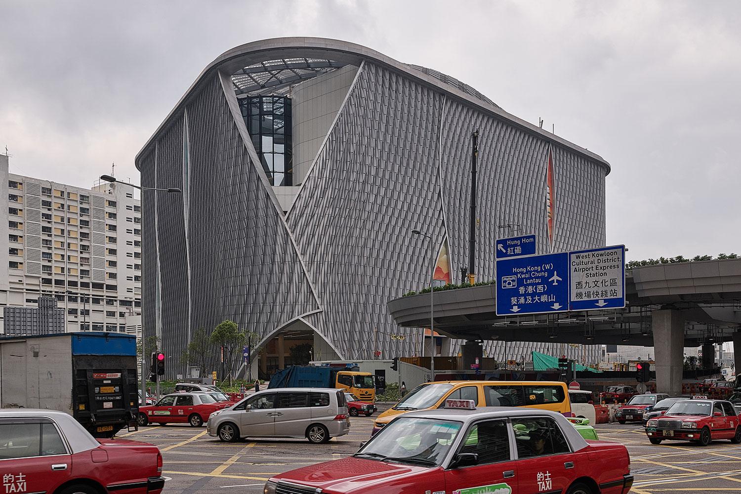 Modern church building with unique architecture in Hong Kong, street view with cars